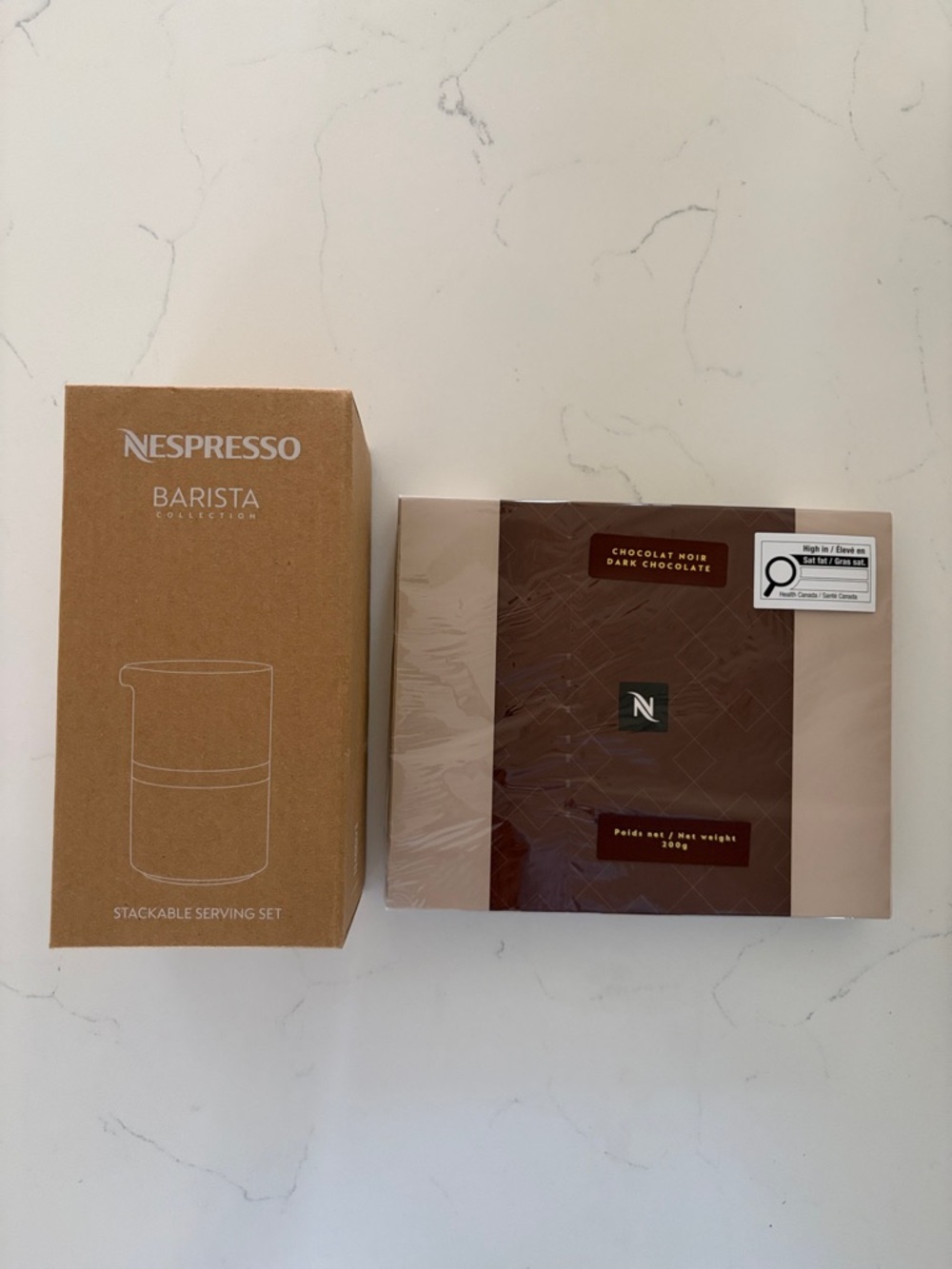Nespresso stackable serving set (milk/cream & sugar) and box of dark chocolate!!